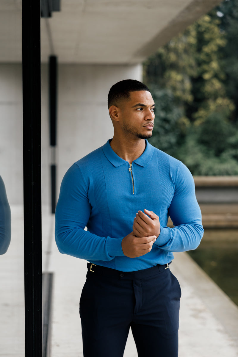 Father Sons klassisches gestricktes Poloshirt mit Reißverschluss in Mittelblau und Gold, langärmlig – FSN129