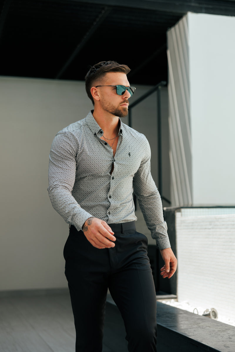 Vater-Söhne-Shirt, superschlank, dehnbar, schwarz/weiß, langärmlig, mit Rautenmuster und Button-Down-Kragen – FS1226