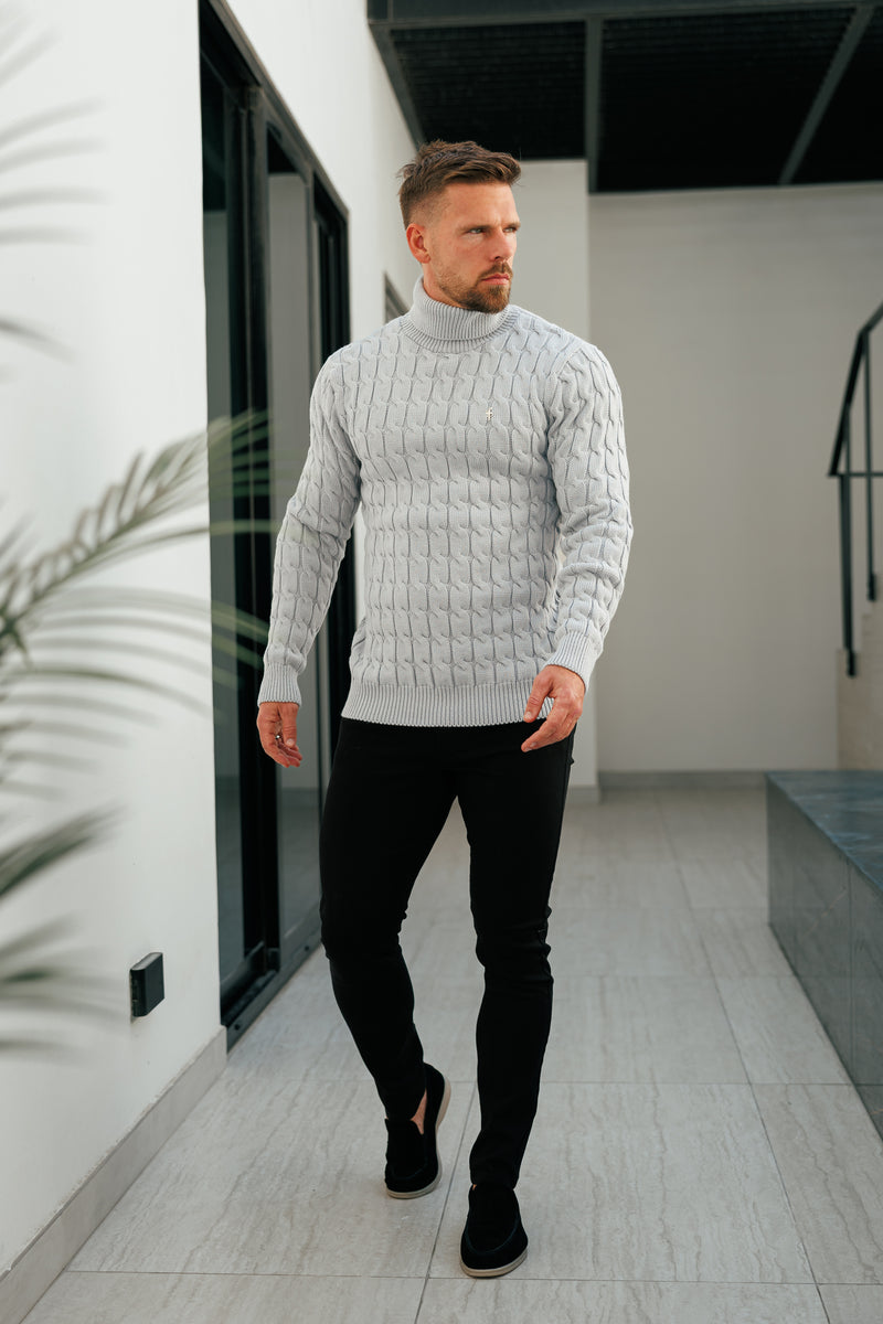 Vater-Söhne-Rollkragenpullover in Link Weave Knit Cop Grey – FSJ104 (VORBESTELLUNG 12. NOVEMBER)