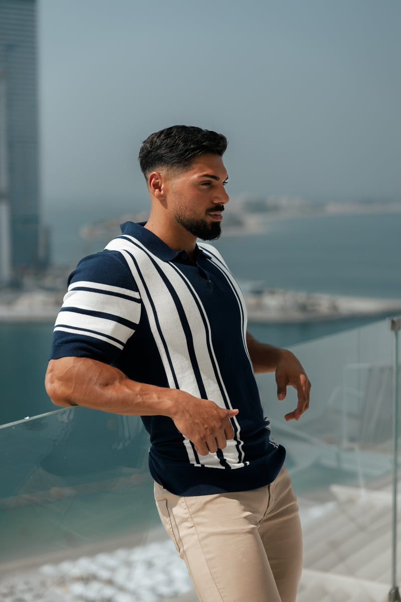 Father Sons Classic Navy/Off White Gestricktes Poloshirt mit vertikalen Streifen, kurzärmlig – FSN105