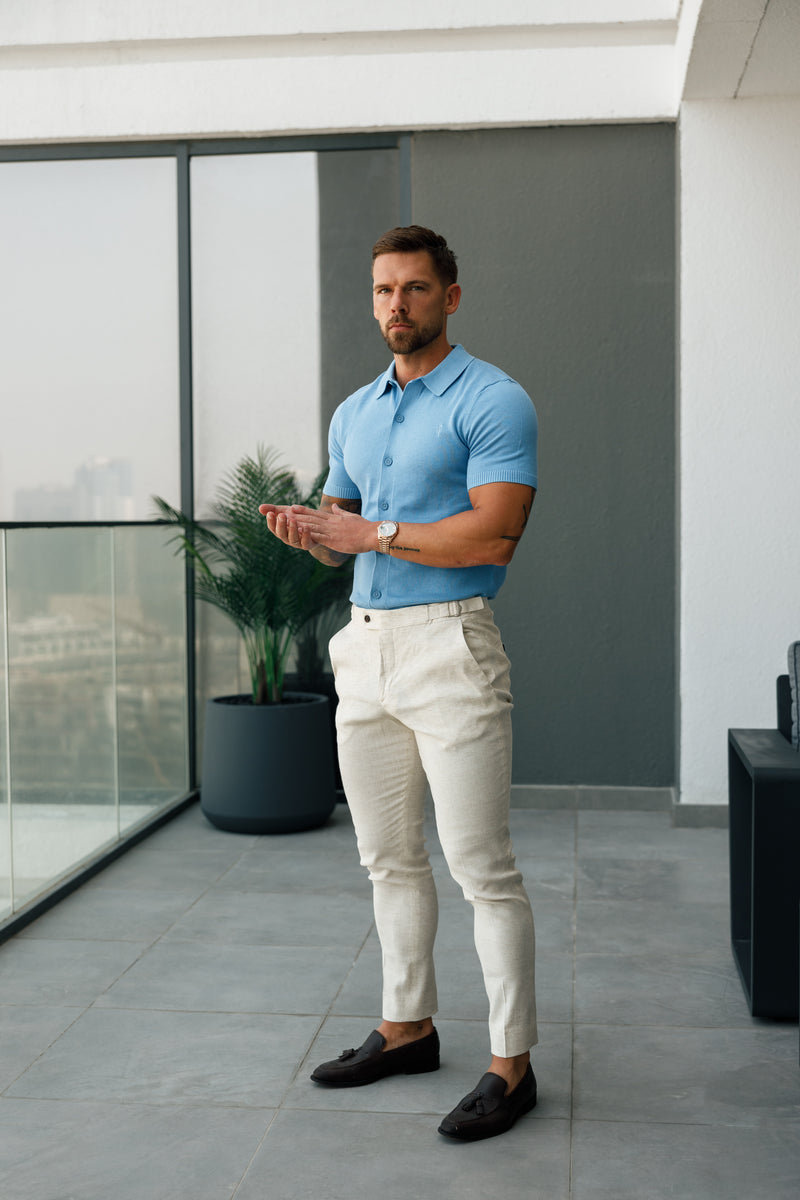 Father Sons klassisches schlichtes hellblaues Strick-Poloshirt mit Knopfleiste und kurzen Ärmeln – FSN161