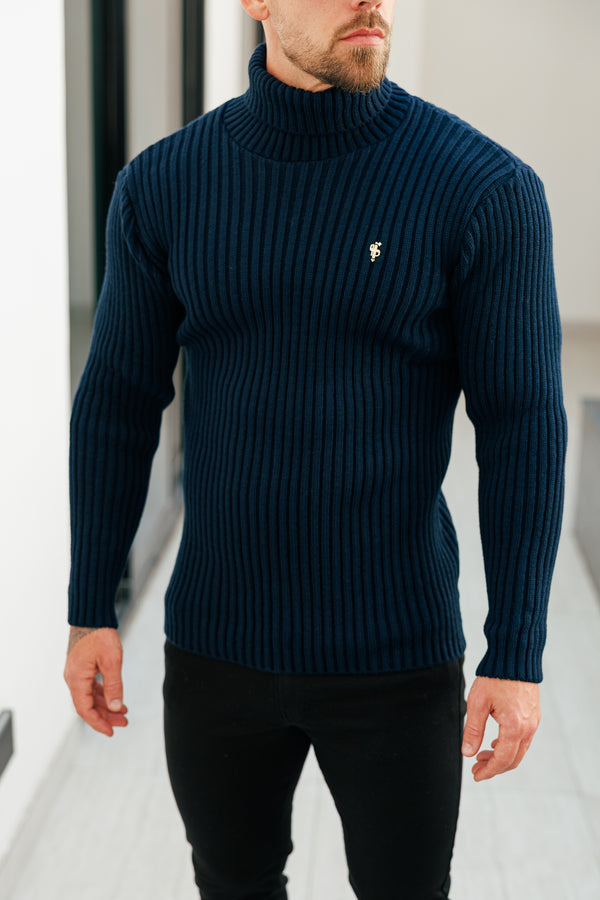 Marineblauer Rollkragenpullover aus Rippstrick für Vater und Sohn – FSJ115 (VORBESTELLUNG 12. NOVEMBER)