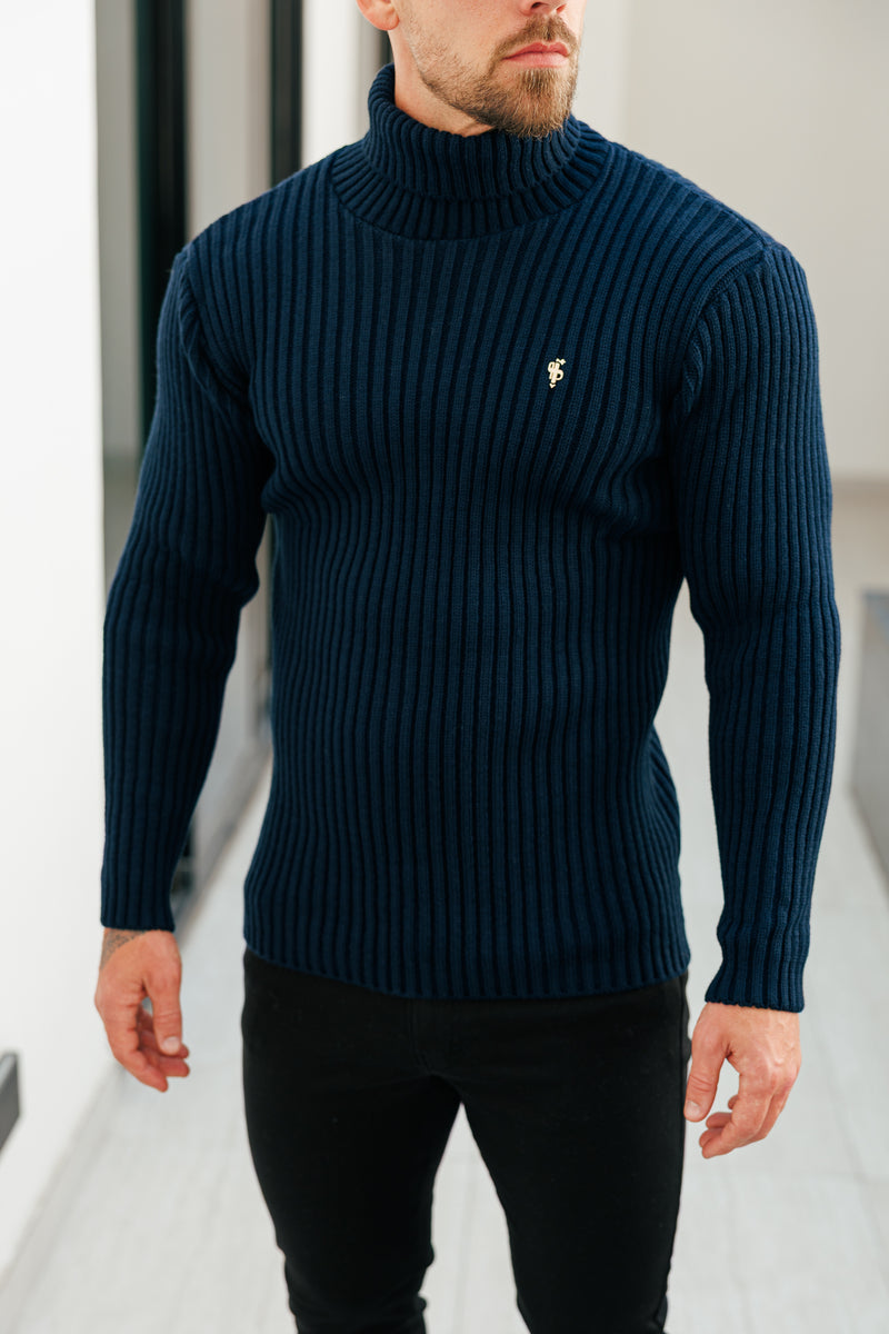 Marineblauer Rollkragenpullover aus Rippstrick für Vater und Sohn – FSJ115 (VORBESTELLUNG 12. NOVEMBER)