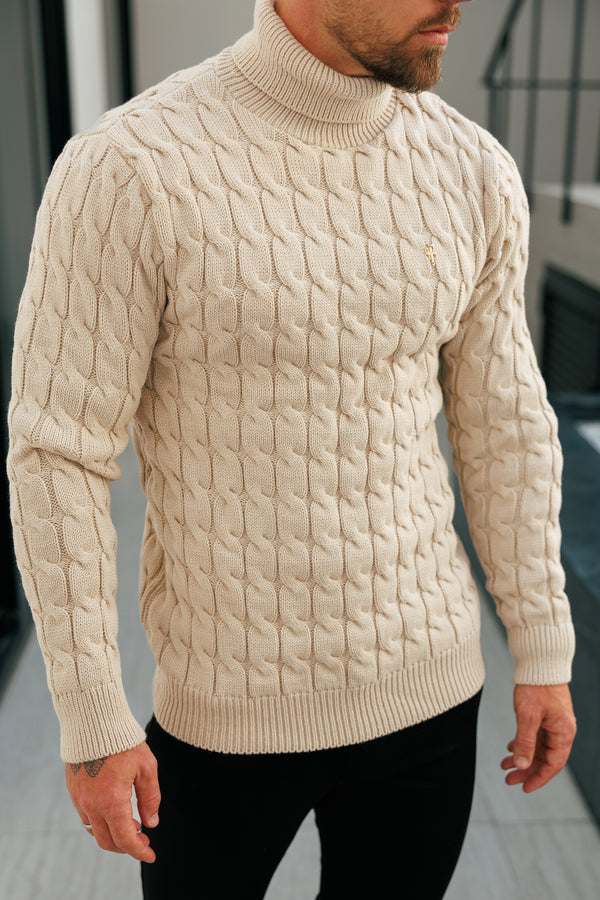 Beigefarbener Rollkragenpullover aus Link Weave-Strick von Father Sons – FSJ100 (VORBESTELLUNG 12. NOVEMBER)