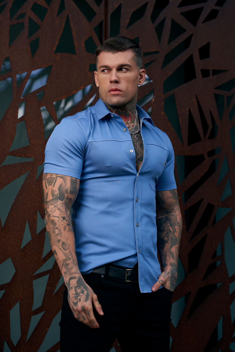 Father Sons Super Slim Stretch Light Blue Denim Short Sleeve with Horizontal Seam and Pocket- FS957