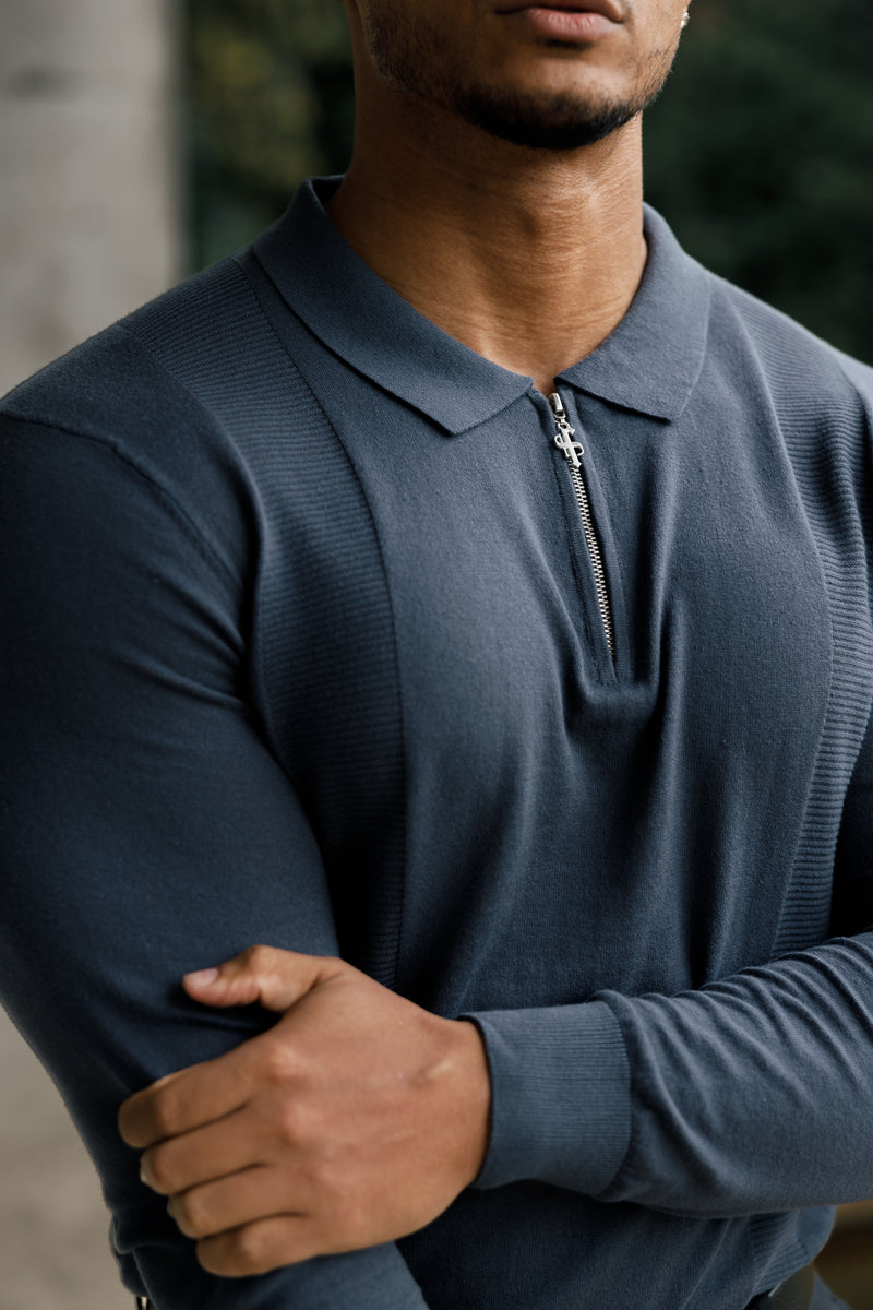 Father Sons klassisches gestricktes Poloshirt mit Reißverschluss in Gunmetal und Silber, langärmlig – FSN128