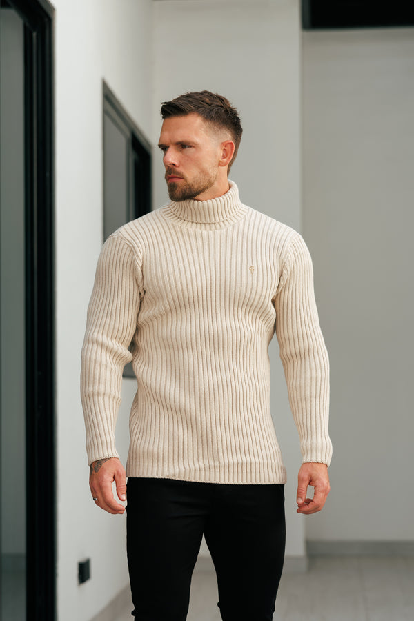 Beigefarbener Rollkragenpullover aus Rippstrick für Vater und Sohn – FSJ112 (VORBESTELLUNG 12. NOVEMBER)