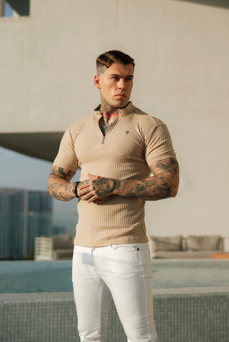 Father Sons Classic Beige / Beige Ribbed Silver Zip Grandad Collar Shirt Short Sleeve - FSH916