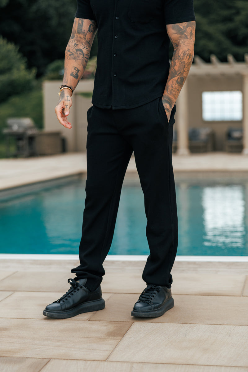 Vater-Söhne-Jersey-Cord-Stretch-Hemd mit Revers, kurzärmelig, Schwarz – FSR018
