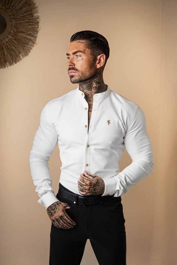 Father Sons Super Slim Stretch White Denim Long Sleeve Grandad collar with Metal Buttons and Decal Emblem - FS719