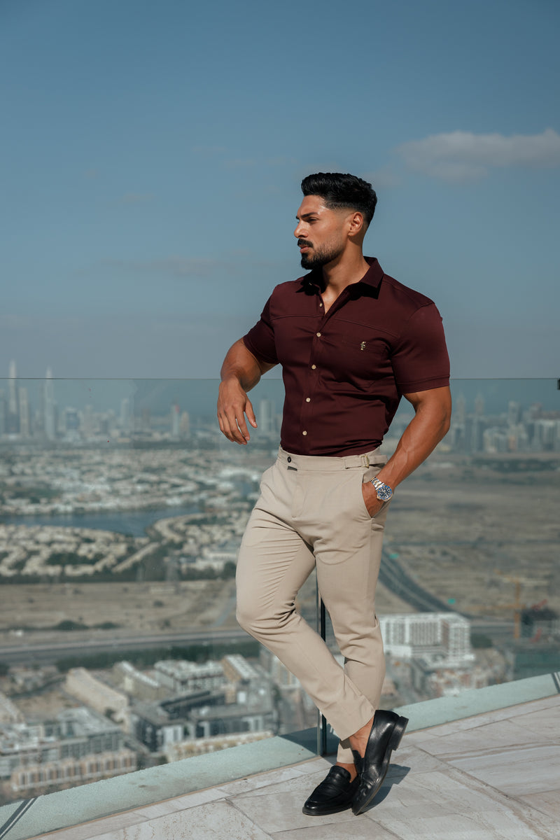 Father Sons Super Slim Stretch Burgundy Denim Short Sleeve with Horizontal Seam and Pocket- FS961