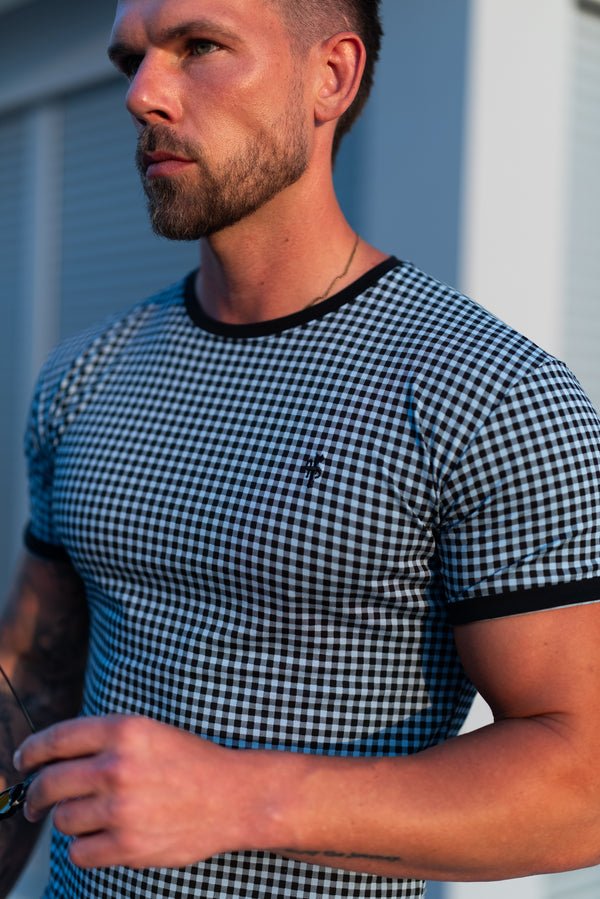 Vater-Sohn-T-Shirt mit schwarz/blauem Karomuster, bedruckt – FSH1240