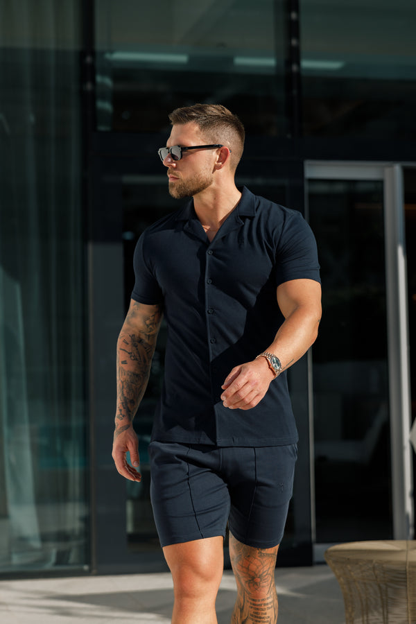 Vater-Sohn-Stretch-Piqué-Hemd mit Revers, kurzärmlig, Marineblau – FSH1069