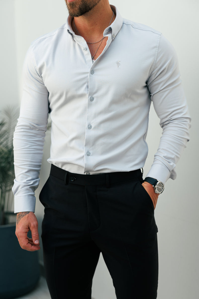 Vater-Söhne-Oxford-Langarmshirt, klassisches Stretch-Hemd, Hellgrau mit Button-Down-Kragen – FS1220