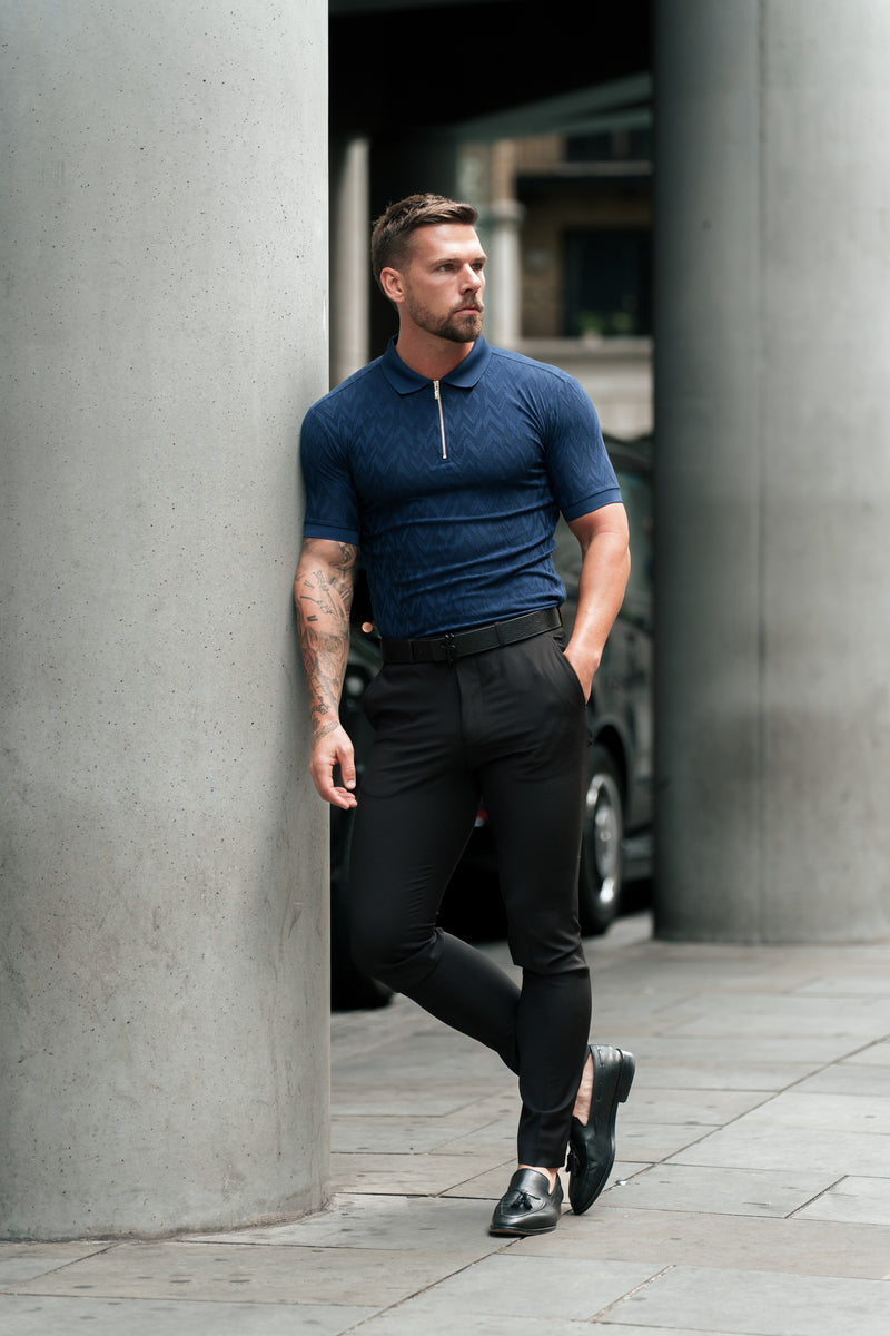 Father Sons Classic Jacquard Navy Chevron Zipped Polo - FSR021