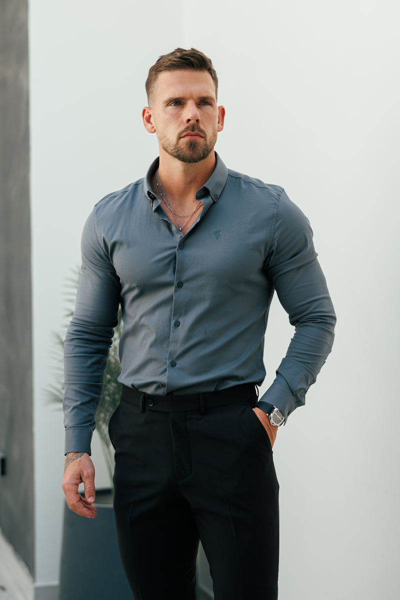 Vater-Söhne-Oxford-Hemd, klassisch, langärmlig, Anthrazit, mit Button-Down-Kragen – FS1221