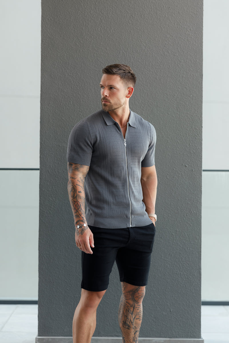 Father Sons - Klassisches Strick-Oberteil mit Geo-Design und durchgehendem Reißverschluss, Gunmetal, Kurzarm - FSN150