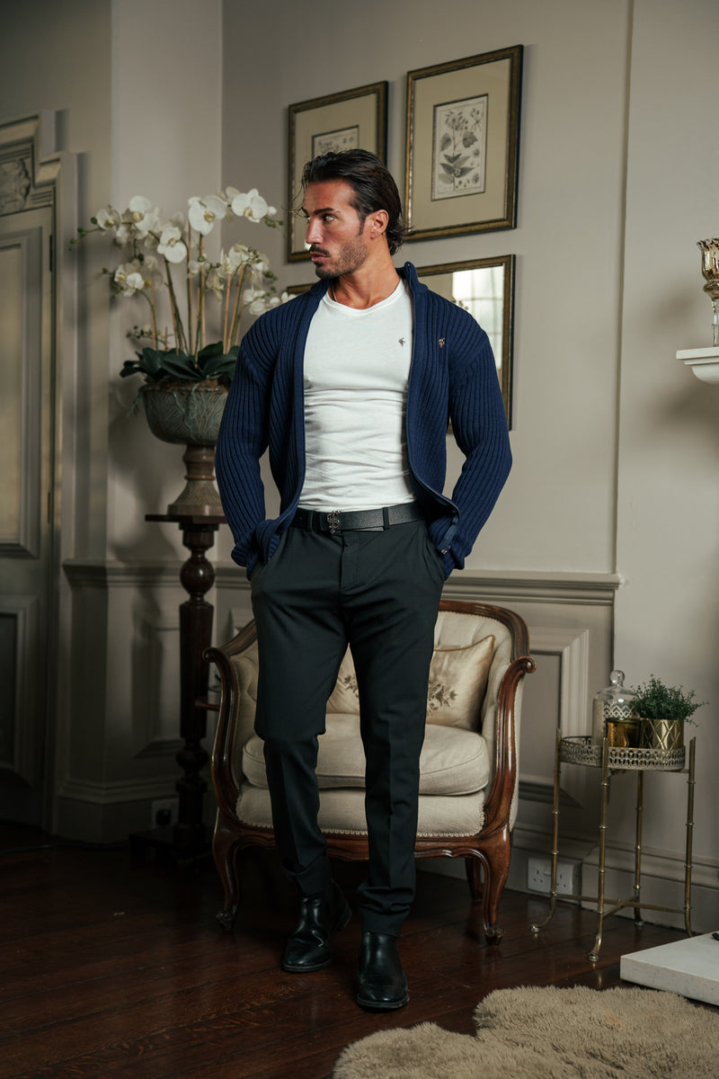 Father Sons Chunky Navy Splash Ribbed Zipped Cardigan with Gold Emblem- FSJ098