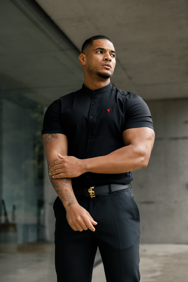 Father Sons Super Slim Scuba Black Short Sleeve Stretch With Grandad Collar - FS930