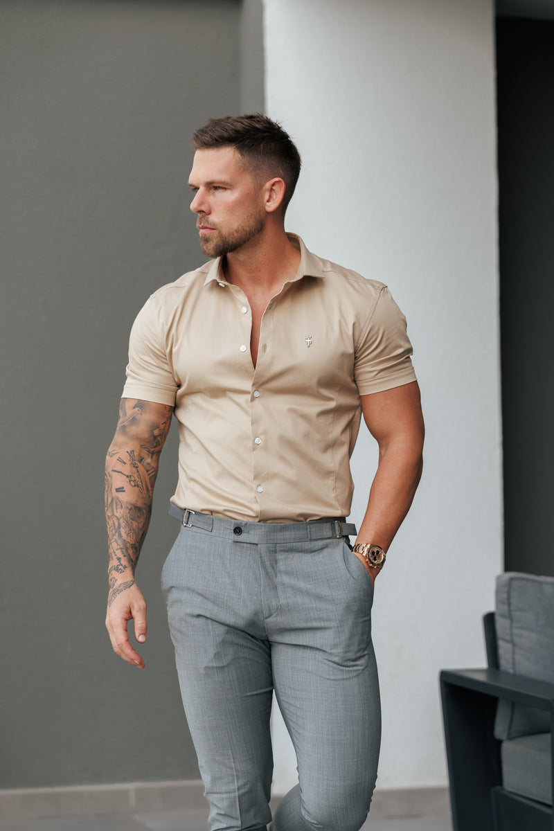 Vater Söhne Super Slim Stretch Vintage Beige Side Panel Shirt SS - FS1138