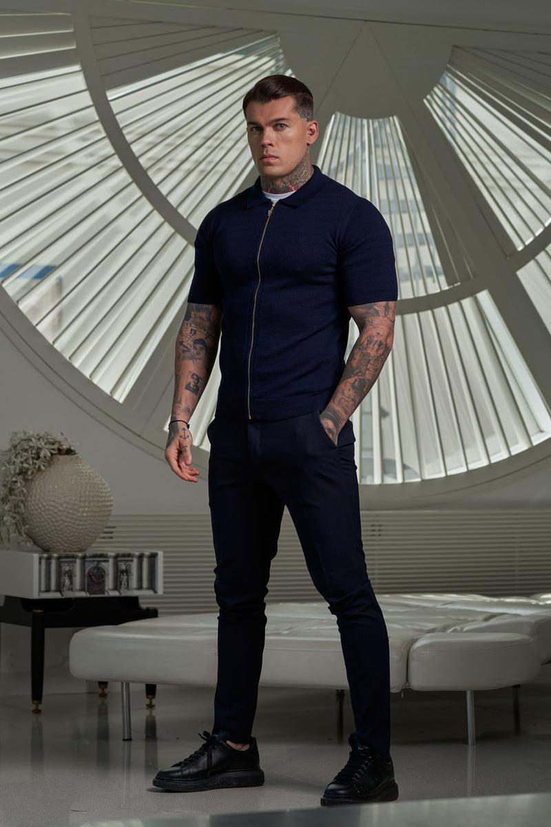 Father Sons Classic Knitted Textured Design With Full Length Zip Navy Short Sleeve - FSN153