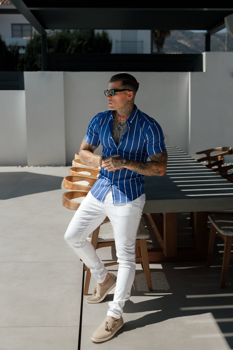 Father Sons Super Slim Stretch Ocean Blue Printed Wide Stripe Short Sleeve with Button Down Collar - FS1056