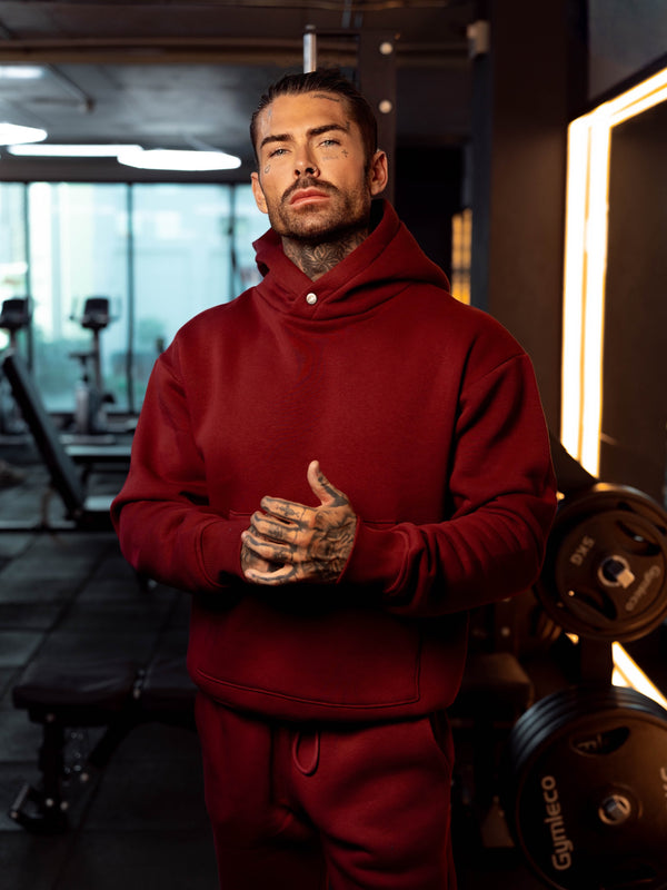 FS Burgunderroter Oversized-Kapuzenpullover mit funktionalem FS-Nieten - FSR008