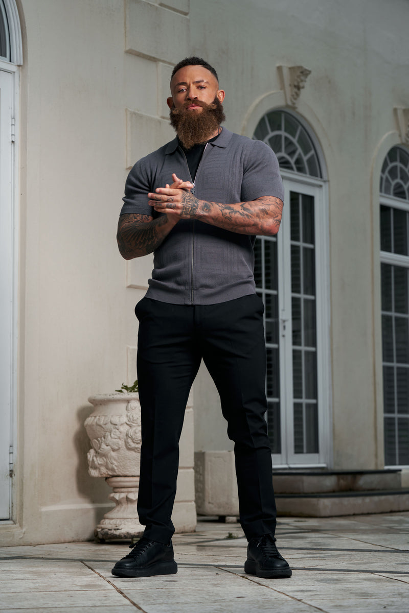 Father Sons - Klassisches Strick-Oberteil mit Geo-Design und durchgehendem Reißverschluss, Gunmetal, Kurzarm - FSN150