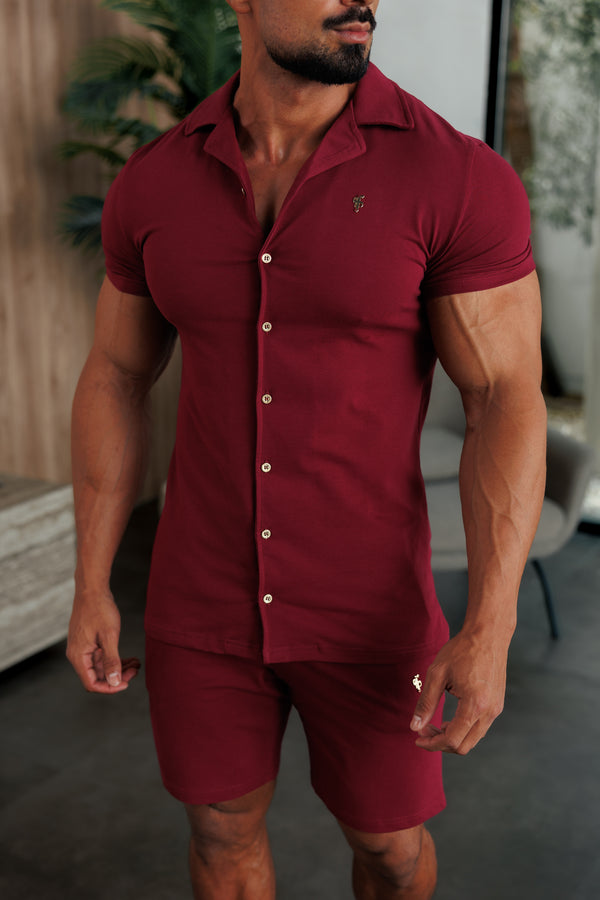 Vater-Söhne-Stretch-Piqué-Hemd mit Revers, kurzärmlig, Weinrot/Gold – FSH1388