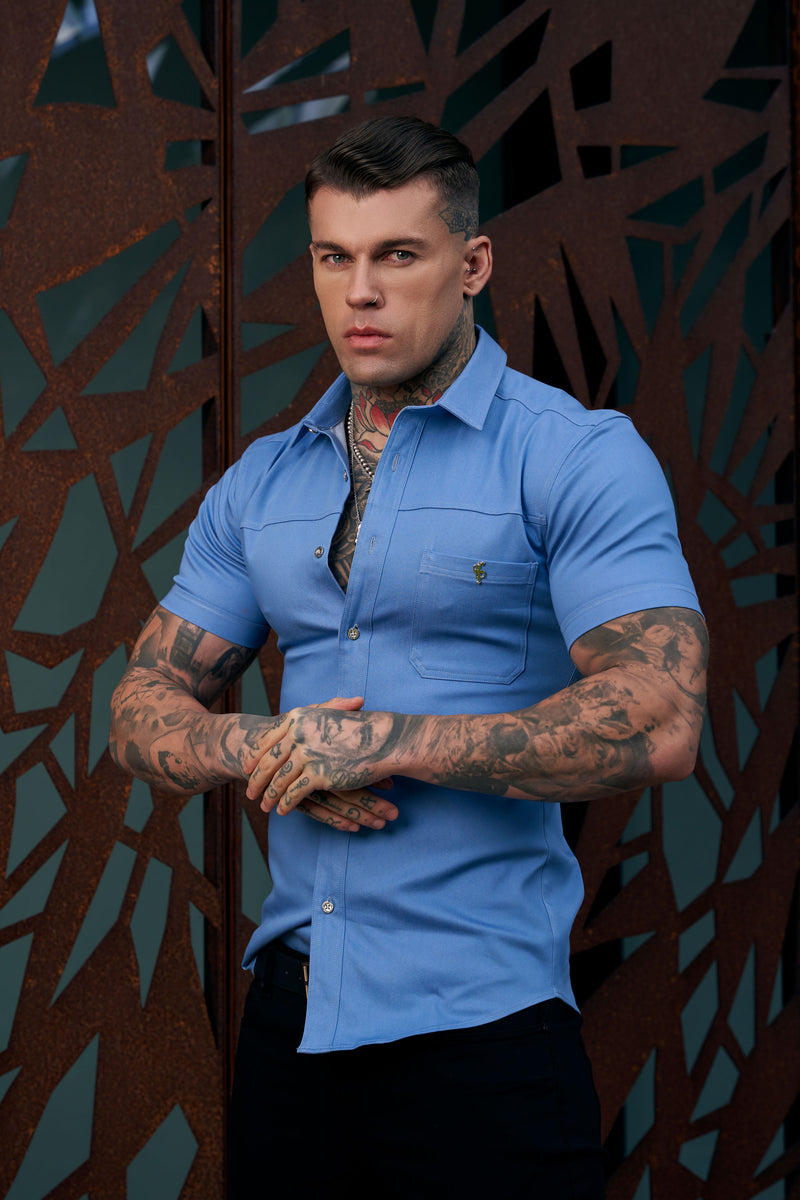 Father Sons Super Slim Stretch Light Blue Denim Short Sleeve with Horizontal Seam and Pocket- FS957