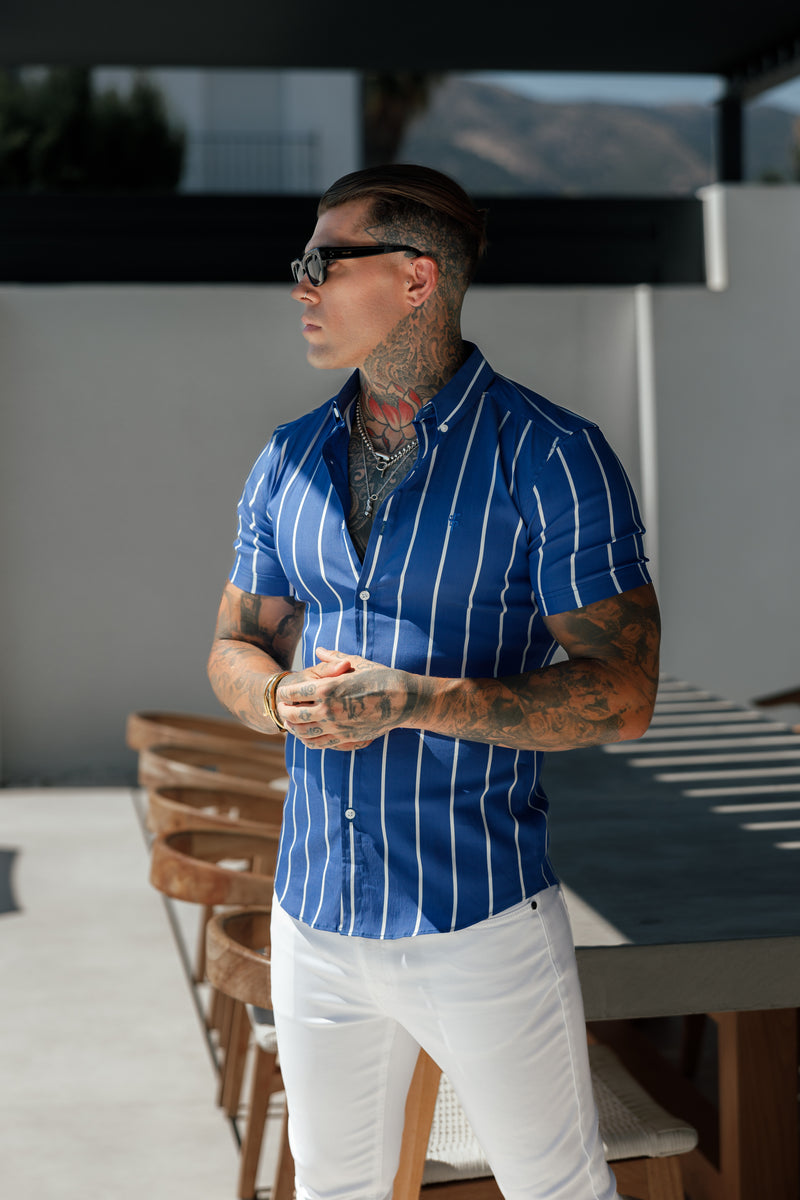 Father Sons Super Slim Stretch Ocean Blue Printed Wide Stripe Short Sleeve with Button Down Collar - FS1056