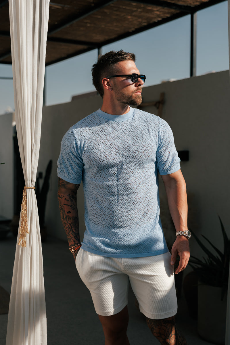 Father Sons Crochet Crew T-Shirt Blue Short Sleeve - FSJ088