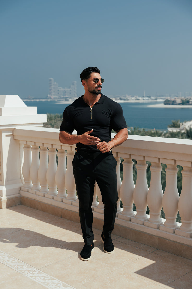 Father Sons klassisches schwarz-goldenes Poloshirt mit Reißverschluss – FSH239