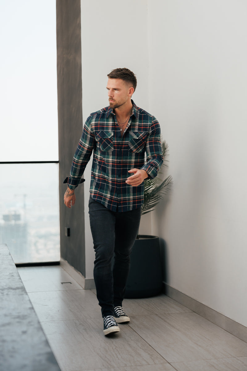 Father Sons Navy / Green / Rust Check Shacket With Double Pockets - FS1198