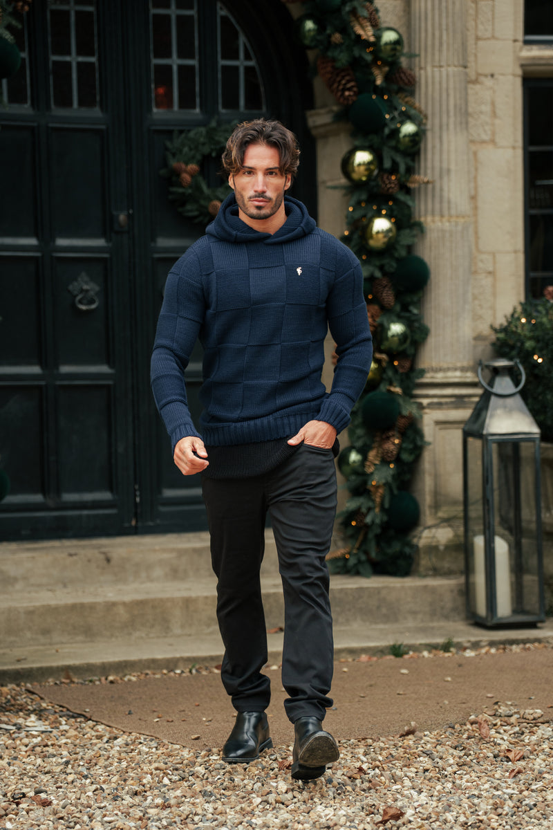 Strickhoodie mit marineblauem Schachbrettmuster für Väter und Söhne - FSJ138 (VORBESTELLUNG AM 11. DEZEMBER)