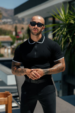 Father Sons klassisches schwarzes geripptes Poloshirt mit Reißverschluss und kontrastierenden kurzen Ärmeln – FSH1103 