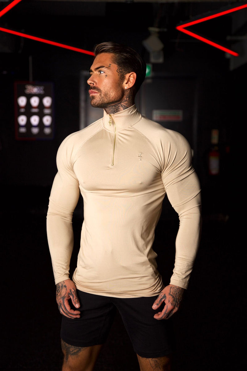 Father Sons Long Sleeve Beige / Gold Half Zip Gym Top - FSH892