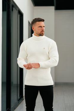 Cremefarbener Rollkragenpullover aus Rippstrick für Vater und Sohn – FSJ114 (VORBESTELLUNG 12. NOVEMBER)