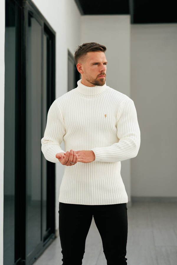 Cremefarbener Rollkragenpullover aus Rippstrick für Vater und Sohn – FSJ114 (VORBESTELLUNG 12. NOVEMBER)