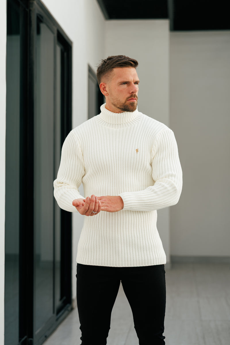 Cremefarbener Rollkragenpullover aus Rippstrick für Vater und Sohn – FSJ114 (VORBESTELLUNG 12. NOVEMBER)