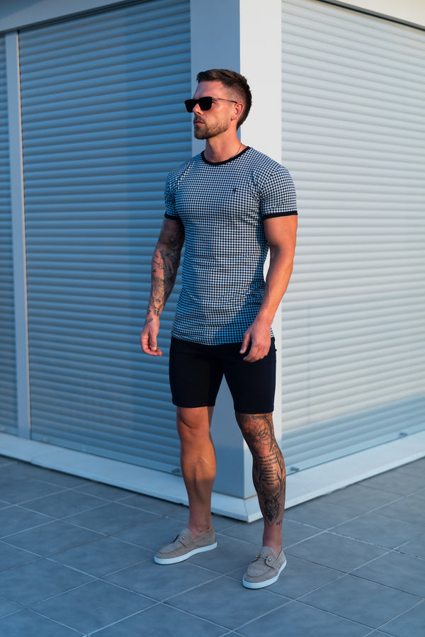 Vater-Sohn-T-Shirt mit schwarz/blauem Karomuster, bedruckt – FSH1240