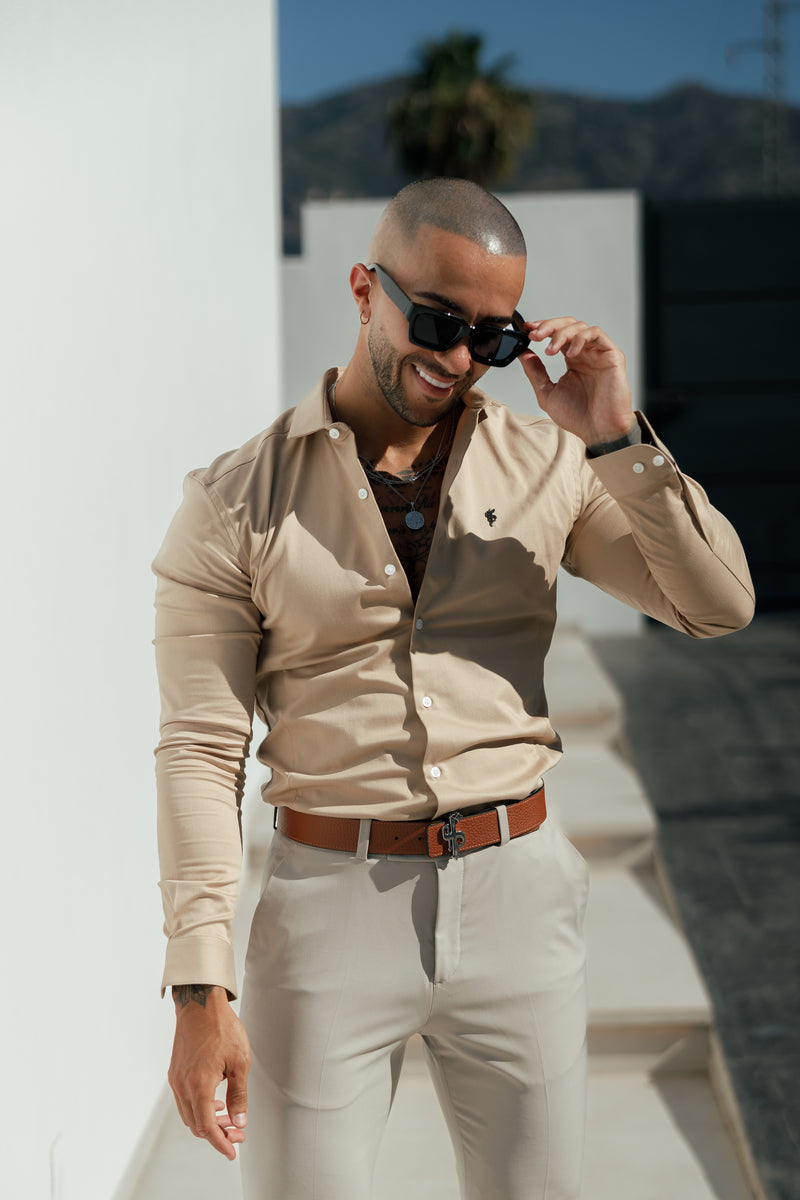Vater Söhne Super Slim Stretch Vintage Beige Side Panel Shirt LS - FS1089