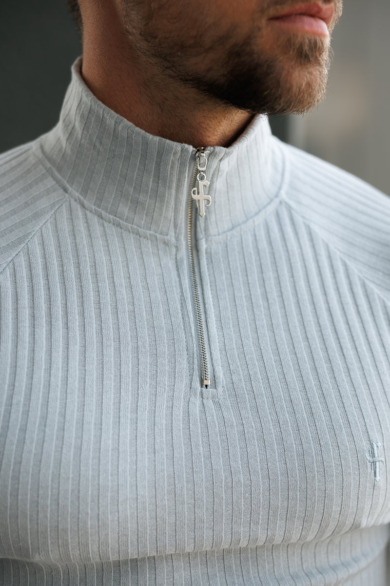Father Sons Klassisches hellgraues geripptes Raglan-Shirt mit Reißverschluss und Stehkragen, kurzärmligem Rundhalsausschnitt – FSH1287