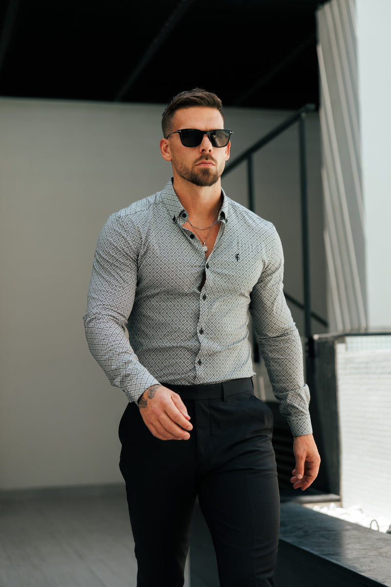 Vater-Söhne-Shirt, superschlank, dehnbar, schwarz/weiß, langärmlig, mit Rautenmuster und Button-Down-Kragen – FS1226