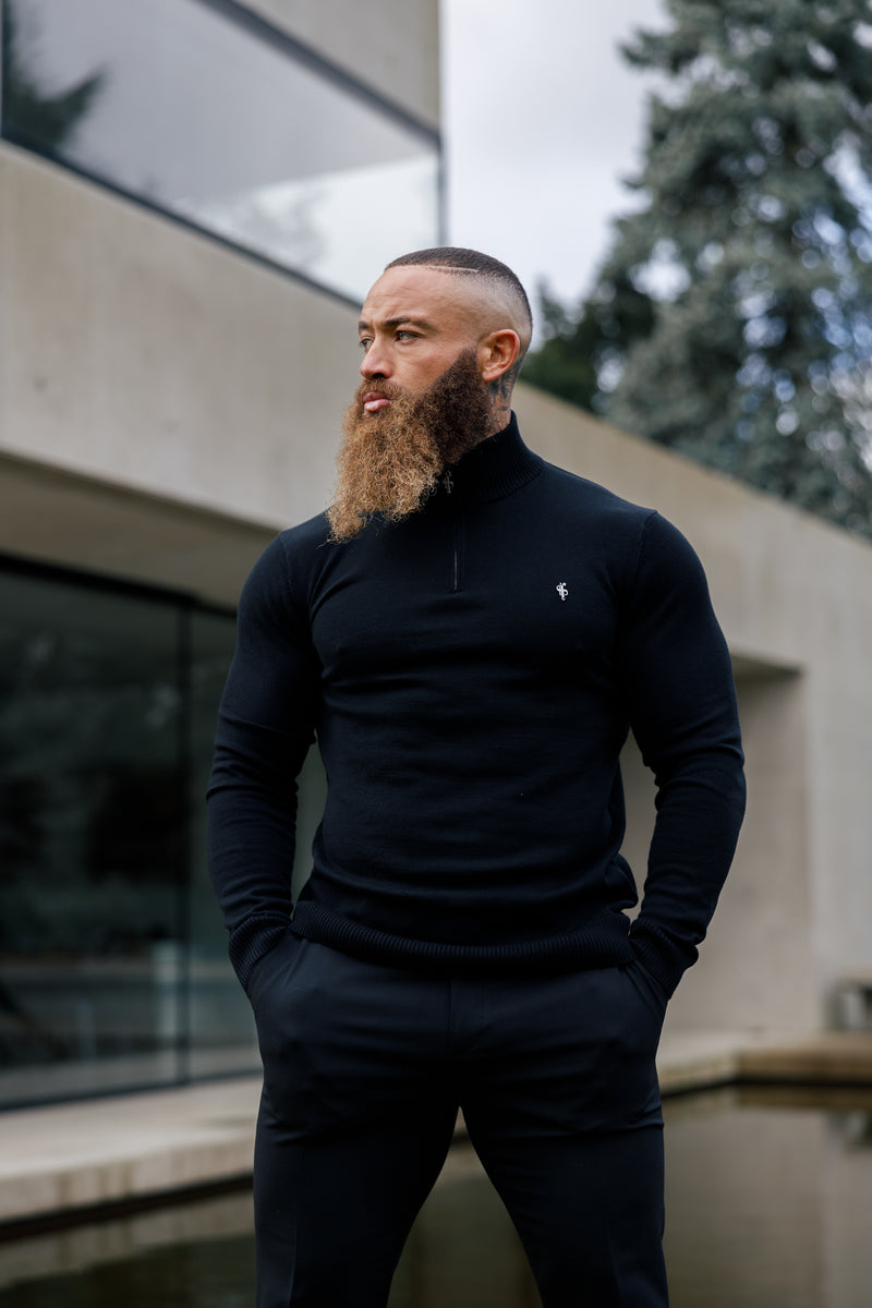 Father Sons Schwarzer Strickpullover mit Stehkragen und halbem Reißverschluss – FSN121