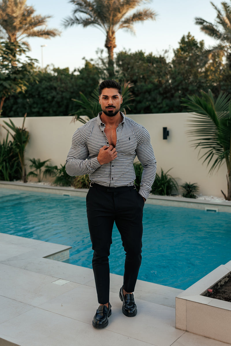 FS Super Slim Stretch Weiß / Schwarz Karo Langarm mit Knopfleiste - FS1069