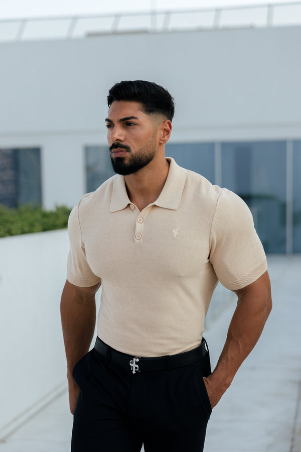 Father Sons Classic Plain Beige Strick-Poloshirt mit kurzen Ärmeln – FSN111