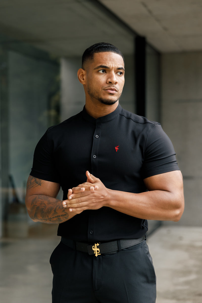 Father Sons Super Slim Scuba Black Short Sleeve Stretch With Grandad Collar - FS930