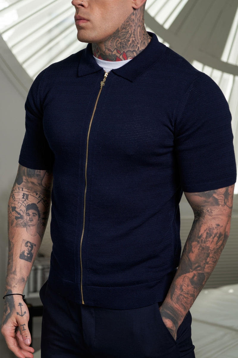 Father Sons Classic Knitted Textured Design With Full Length Zip Navy Short Sleeve - FSN153
