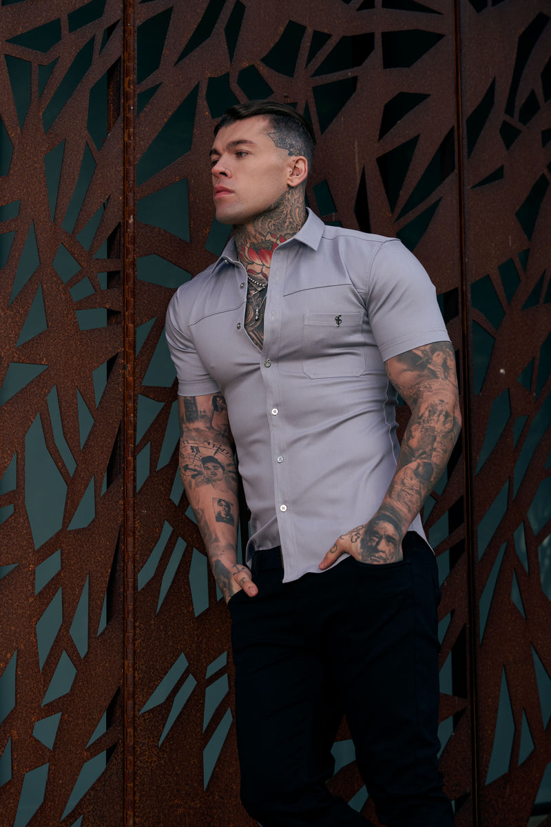 Father Sons Super Slim Stretch Grey Denim Short Sleeve with Horizontal Seam and Pocket- FS960